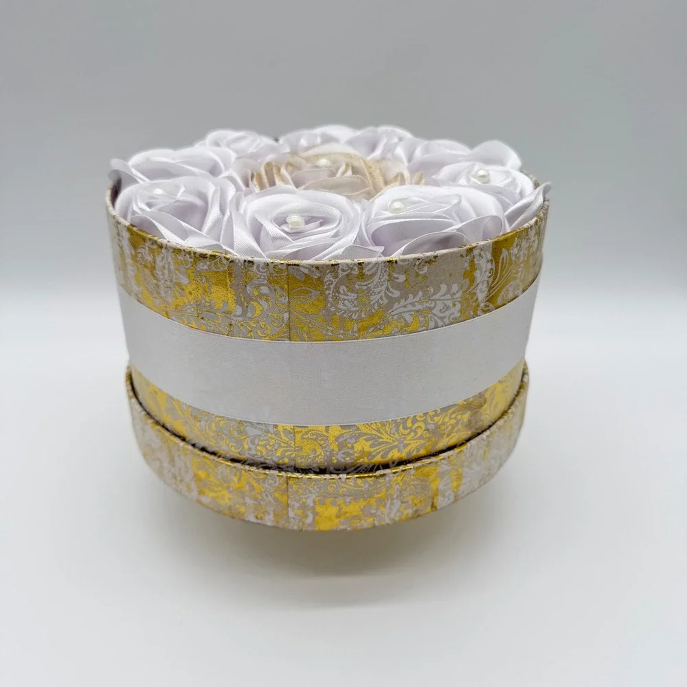 Handmade Satin Ribbon Rose Bouquet in Gold Damask Round Gift Box White Gold 8in